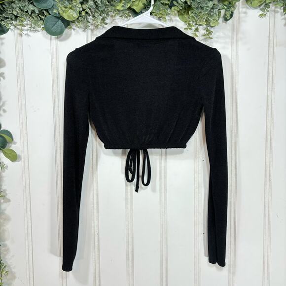 PrettyLittleThing Black Crop Tie‎ Up Long Sleeve Blouse Casual Sexy size 0 - Picture 2 of 4